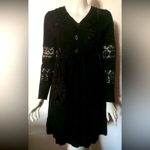 Surya Hippie Boho Gothic Artsy Long Sleeve Lace Black Cotton Knit Sz S